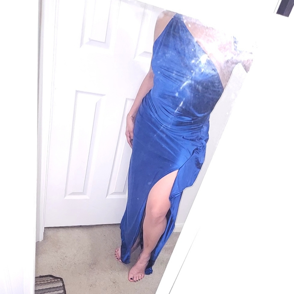 Royal Blue Satin One Shoulder Dress High Slit Elegant Evening Dress